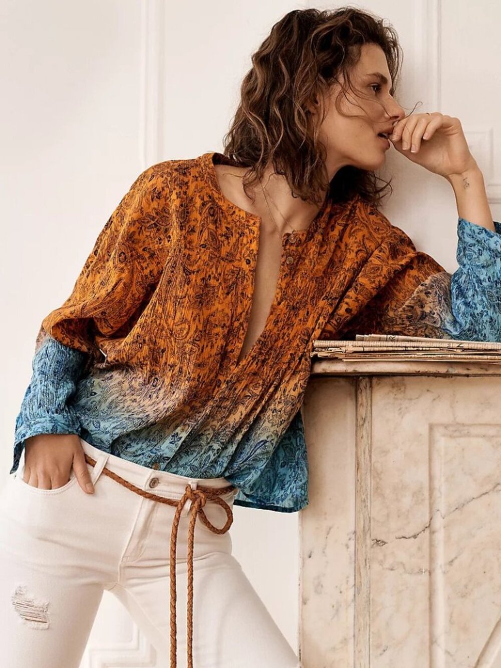 Anthropologie Pilcro Peasant Boho Ombre Blouse Top Button Front Long Sleeve Sz M